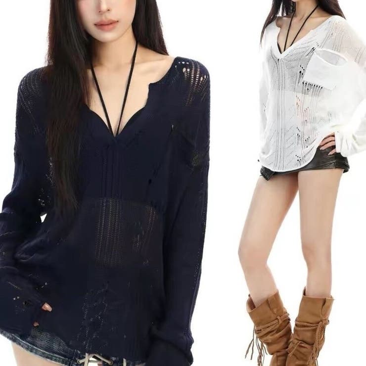 シースルー ゆるダボ ニット トップス サマーニット クラッシュ加工 長袖 | Beststore | 詳細画像2 