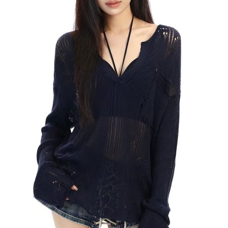 ネイビー | シースルー ゆるダボ ニット トップス サマーニット クラッシュ加工 長袖 | Beststore