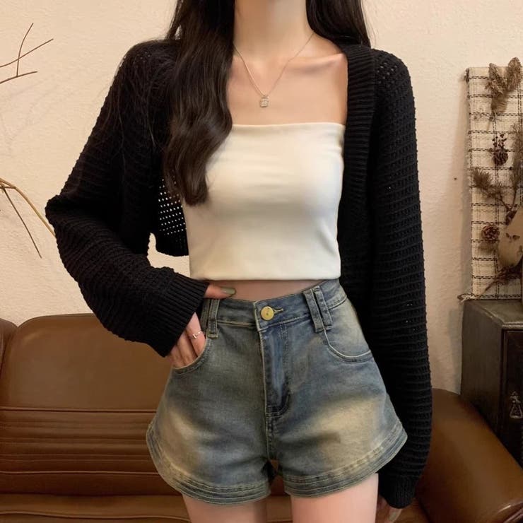 ブラック | 透かし編み パフスリーブ サマーニット ボレロ カーディガン 日焼け対策 | Beststore
