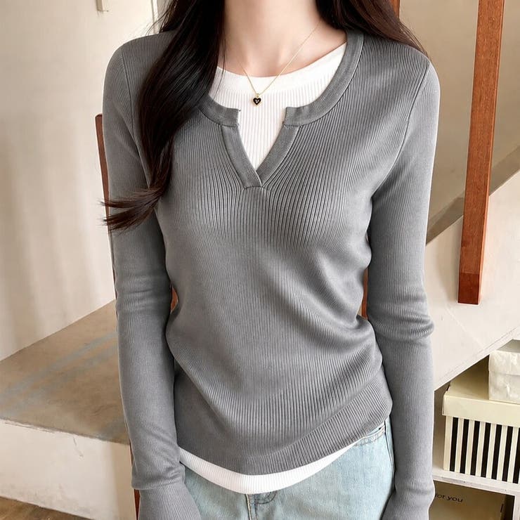 ライトグレー | フェイクレイヤード 重ね着風 リブカットソー Tシャツ 長袖 | Beststore