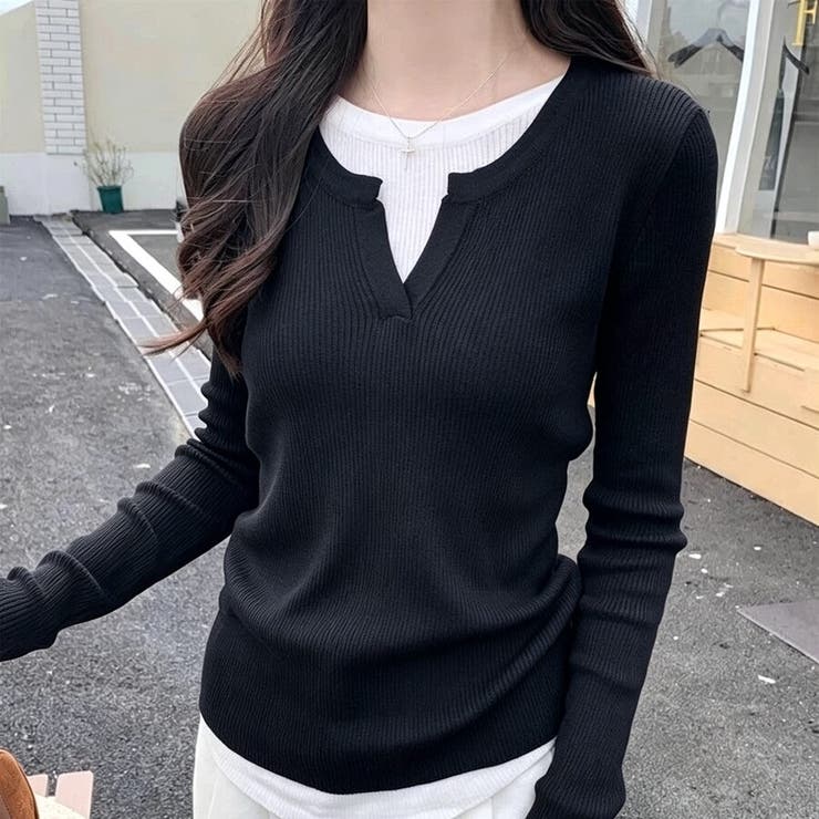フェイクレイヤード 重ね着風 リブカットソー Tシャツ 長袖 | Beststore | 詳細画像4 