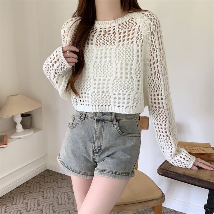 ホワイト | クロシェ風 メッシュ かぎ編み ニット トップス ショート丈 長袖 透け感 | Beststore