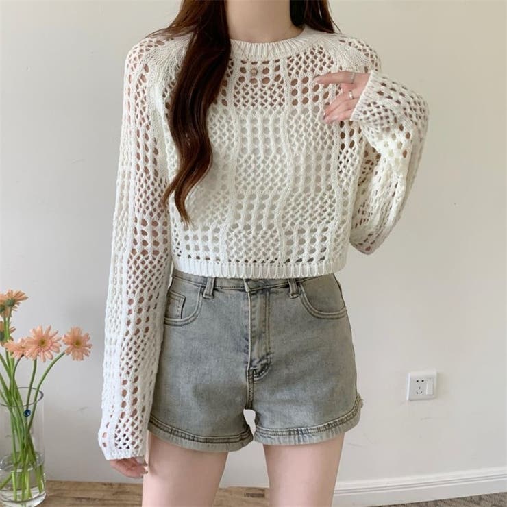 クロシェ風 メッシュ かぎ編み ニット トップス ショート丈 長袖 透け感 | Beststore | 詳細画像6 