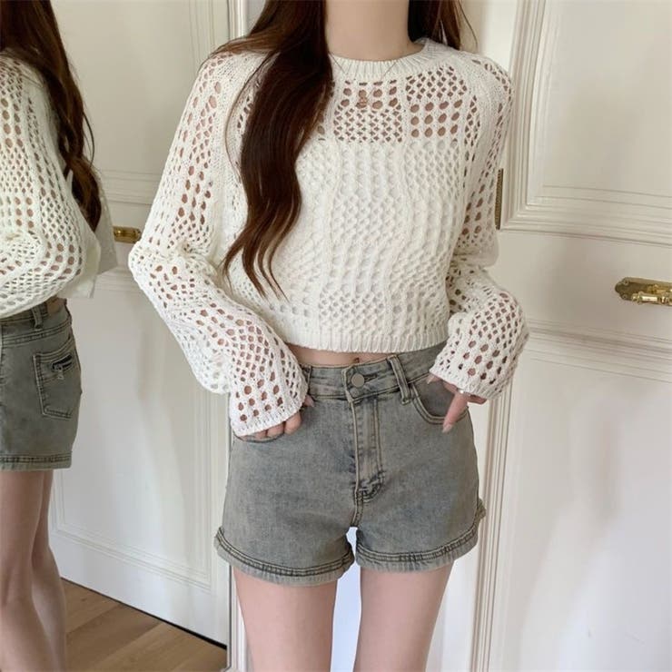 クロシェ風 メッシュ かぎ編み ニット トップス ショート丈 長袖 透け感 | Beststore | 詳細画像8 