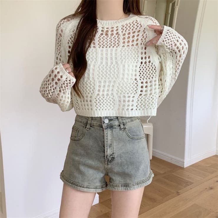 クロシェ風 メッシュ かぎ編み ニット トップス ショート丈 長袖 透け感 | Beststore | 詳細画像9 