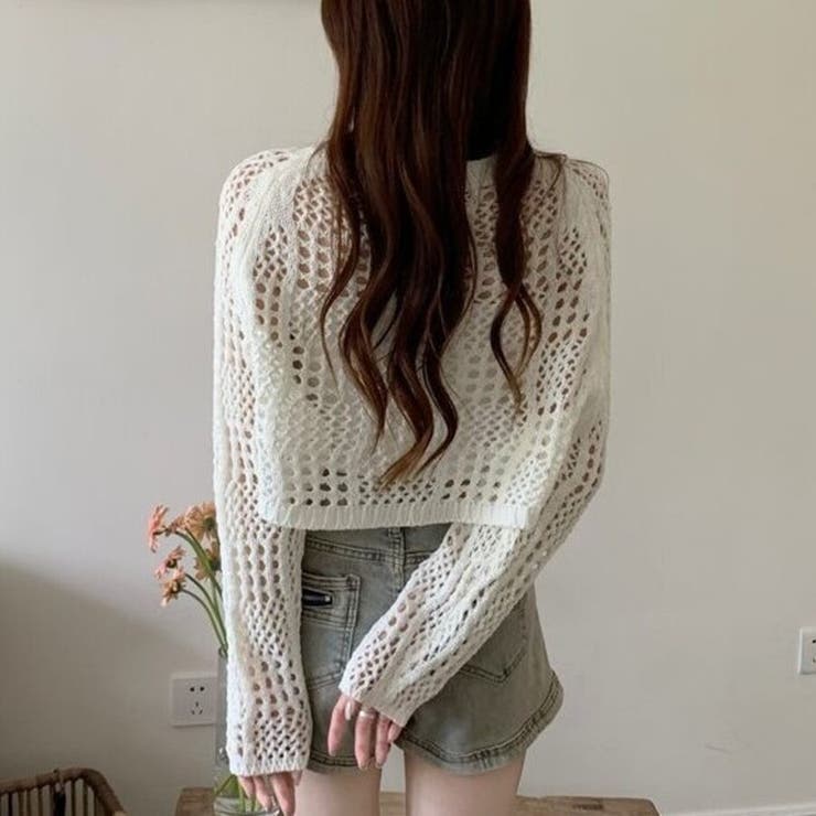 クロシェ風 メッシュ かぎ編み ニット トップス ショート丈 長袖 透け感 | Beststore | 詳細画像10 