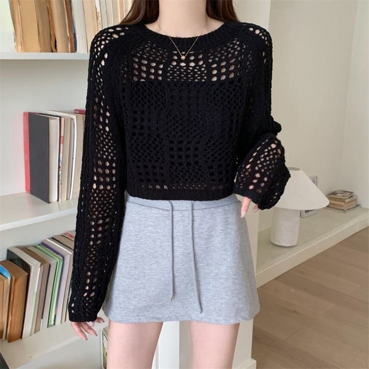 クロシェ風 メッシュ かぎ編み ニット トップス ショート丈 長袖 透け感 | Beststore | 詳細画像13 