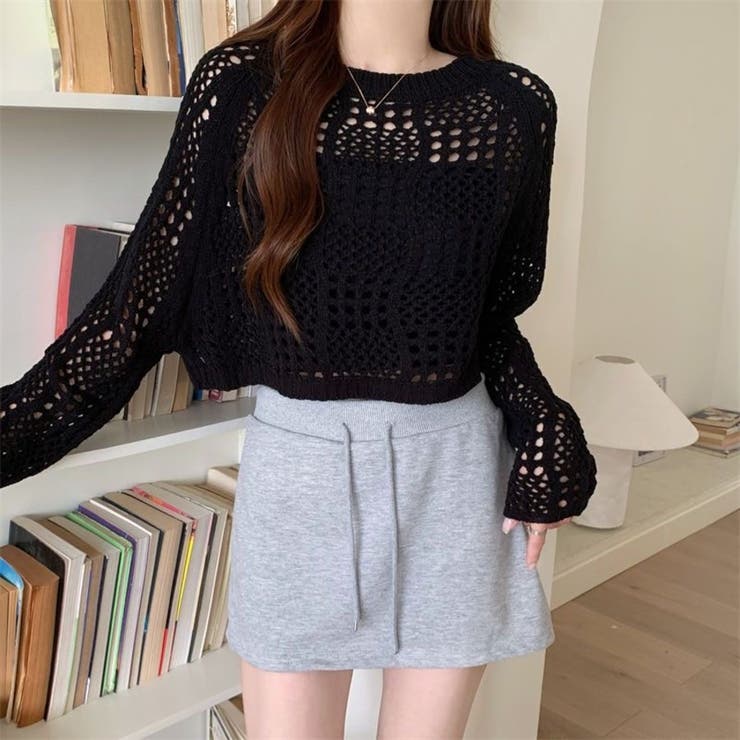 クロシェ風 メッシュ かぎ編み ニット トップス ショート丈 長袖 透け感 | Beststore | 詳細画像14 