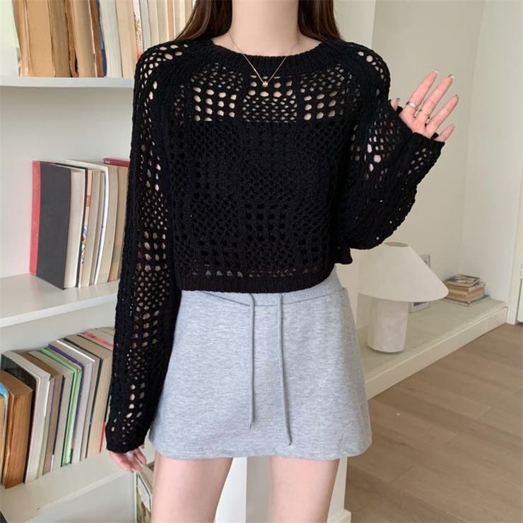 クロシェ風 メッシュ かぎ編み ニット トップス ショート丈 長袖 透け感 | Beststore | 詳細画像15 
