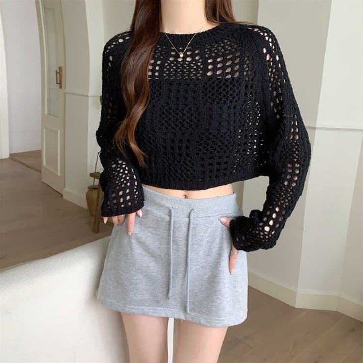 クロシェ風 メッシュ かぎ編み ニット トップス ショート丈 長袖 透け感 | Beststore | 詳細画像16 