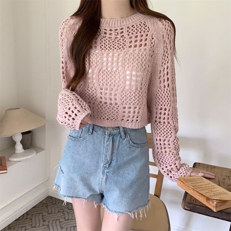 クロシェ風 メッシュ かぎ編み ニット トップス ショート丈 長袖 透け感 | Beststore | 詳細画像17 