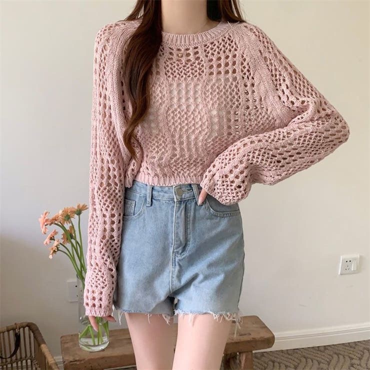 クロシェ風 メッシュ かぎ編み ニット トップス ショート丈 長袖 透け感 | Beststore | 詳細画像21 