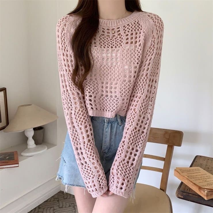 クロシェ風 メッシュ かぎ編み ニット トップス ショート丈 長袖 透け感 | Beststore | 詳細画像23 