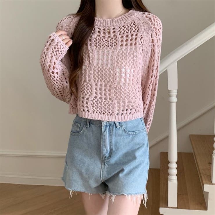 クロシェ風 メッシュ かぎ編み ニット トップス ショート丈 長袖 透け感 | Beststore | 詳細画像24 