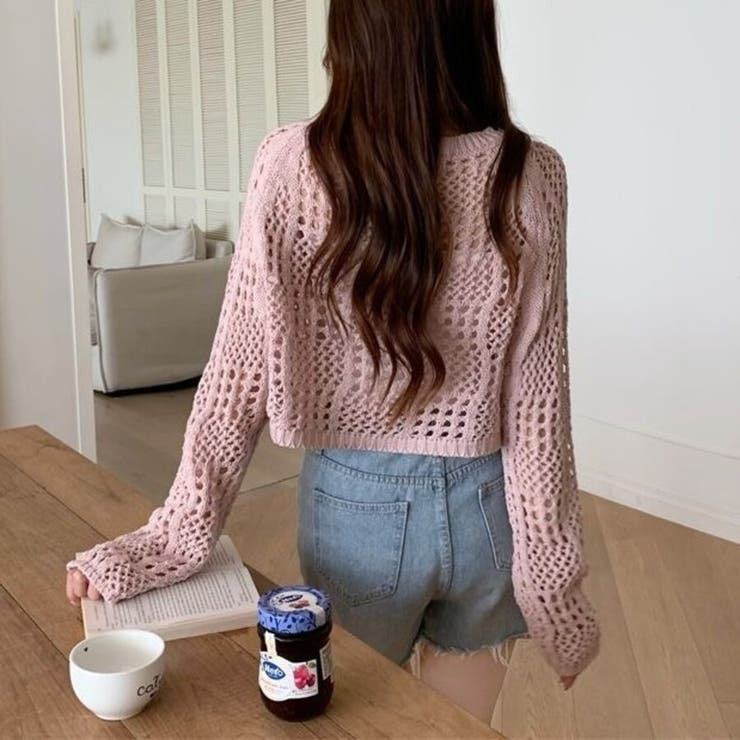 クロシェ風 メッシュ かぎ編み ニット トップス ショート丈 長袖 透け感 | Beststore | 詳細画像25 