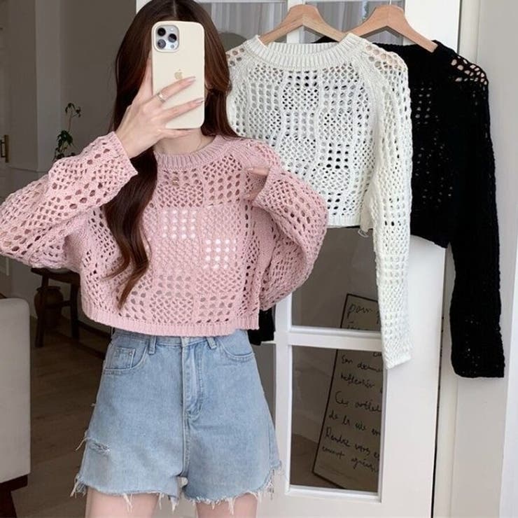 クロシェ風 メッシュ かぎ編み ニット トップス ショート丈 長袖 透け感 | Beststore | 詳細画像26 