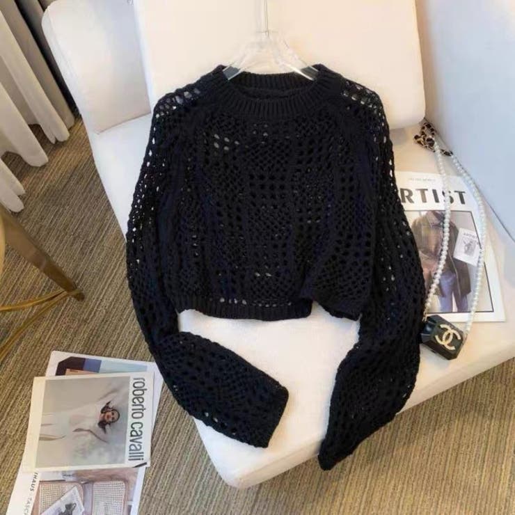 クロシェ風 メッシュ かぎ編み ニット トップス ショート丈 長袖 透け感 | Beststore | 詳細画像28 