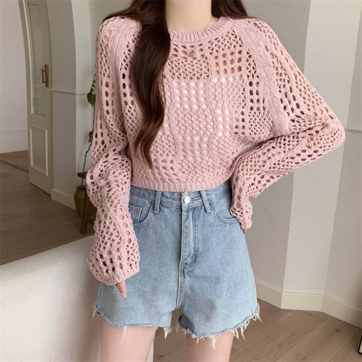 ピンク | クロシェ風 メッシュ かぎ編み ニット トップス ショート丈 長袖 透け感 | Beststore