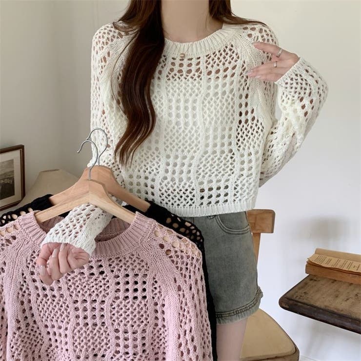 クロシェ風 メッシュ かぎ編み ニット トップス ショート丈 長袖 透け感 | Beststore | 詳細画像1 