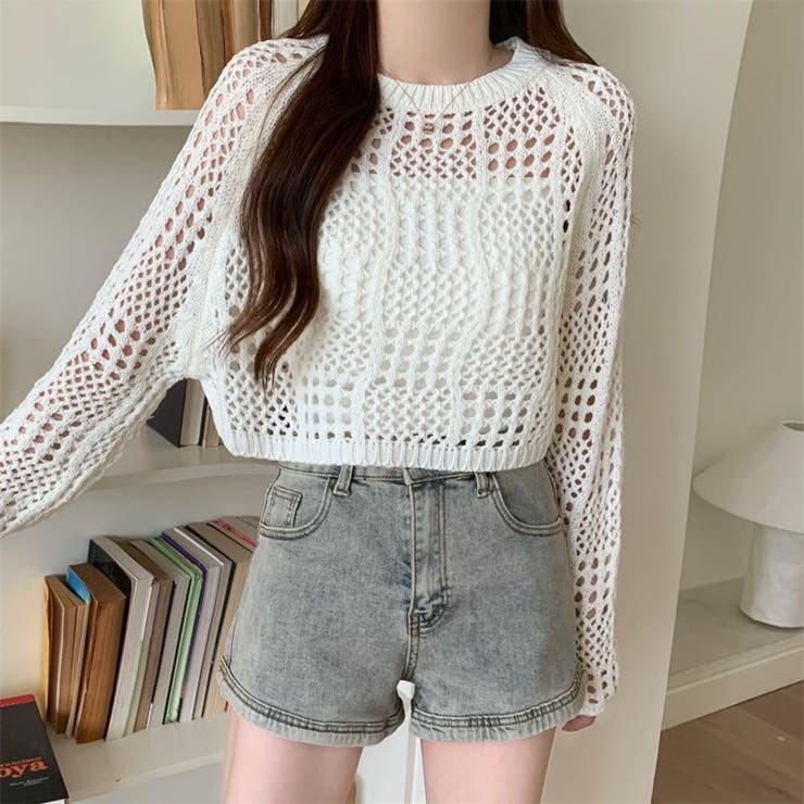 クロシェ風 メッシュ かぎ編み ニット トップス ショート丈 長袖 透け感 | Beststore | 詳細画像2 