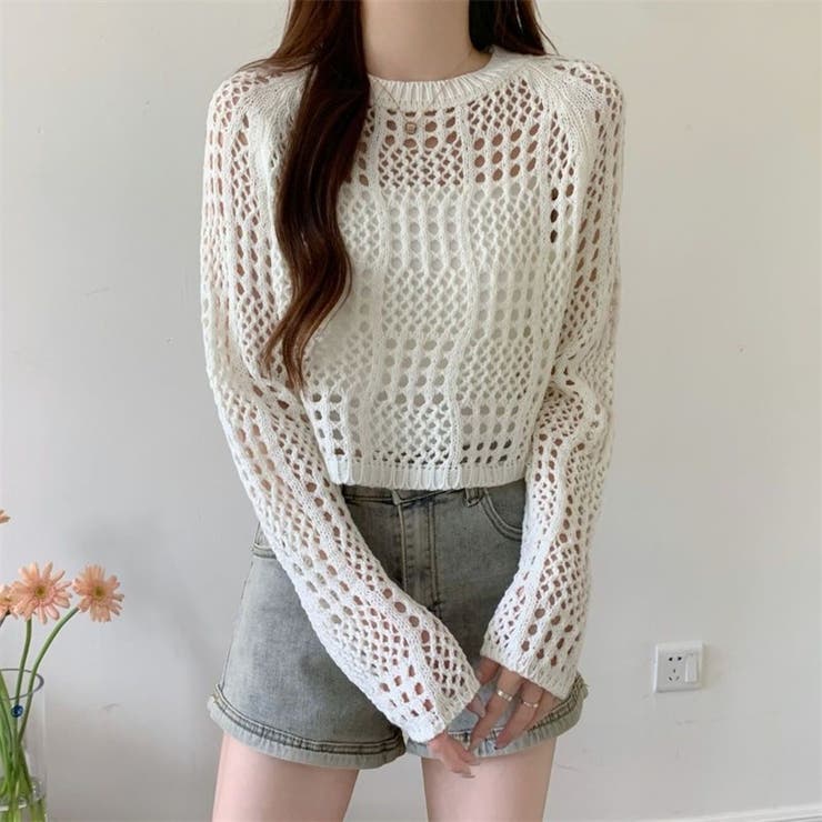 クロシェ風 メッシュ かぎ編み ニット トップス ショート丈 長袖 透け感 | Beststore | 詳細画像5 