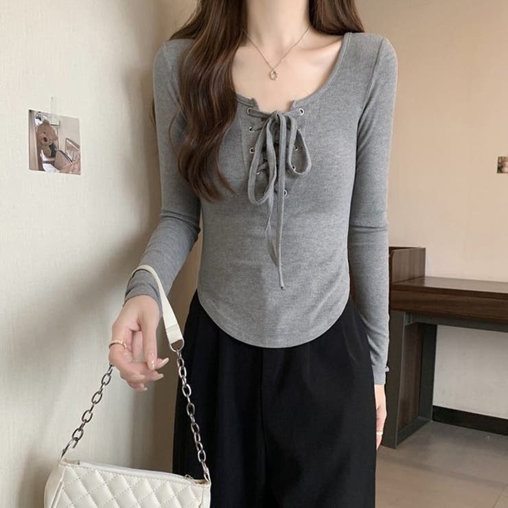 胸元レースアップ 長袖リブカットソー タイトトップス | Beststore | 詳細画像6 