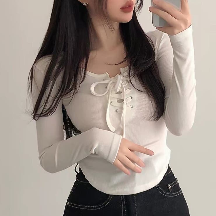 胸元レースアップ 長袖リブカットソー タイトトップス | Beststore | 詳細画像9 