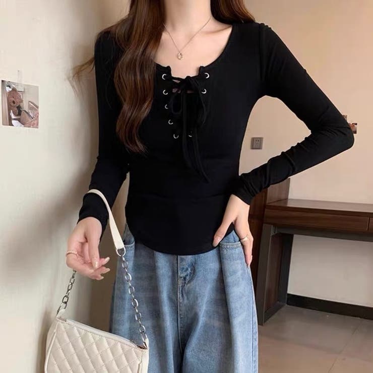 胸元レースアップ 長袖リブカットソー タイトトップス | Beststore | 詳細画像13 