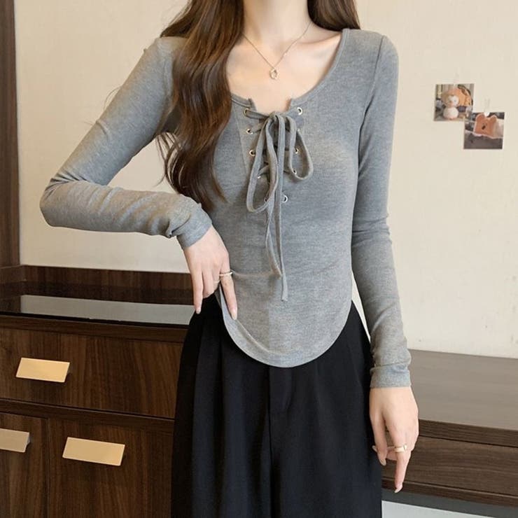 グレー | 胸元レースアップ 長袖リブカットソー タイトトップス | Beststore