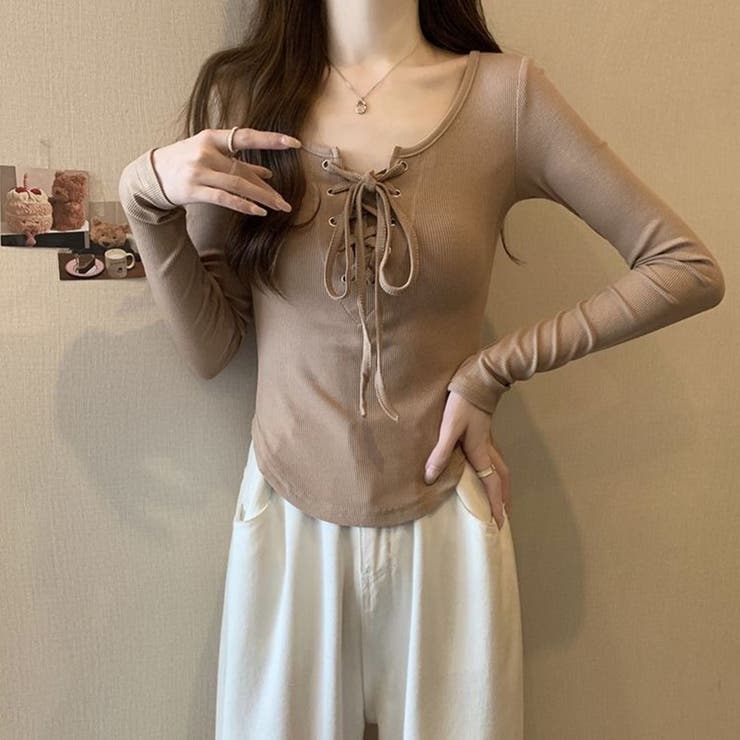 胸元レースアップ 長袖リブカットソー タイトトップス | Beststore | 詳細画像16 
