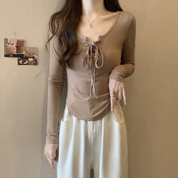 胸元レースアップ 長袖リブカットソー タイトトップス | Beststore | 詳細画像18 