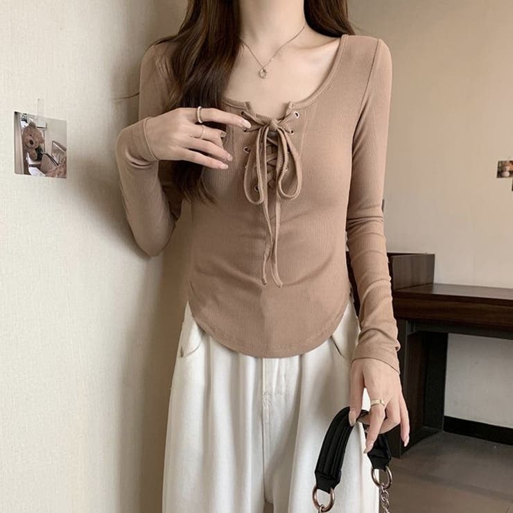 胸元レースアップ 長袖リブカットソー タイトトップス | Beststore | 詳細画像19 