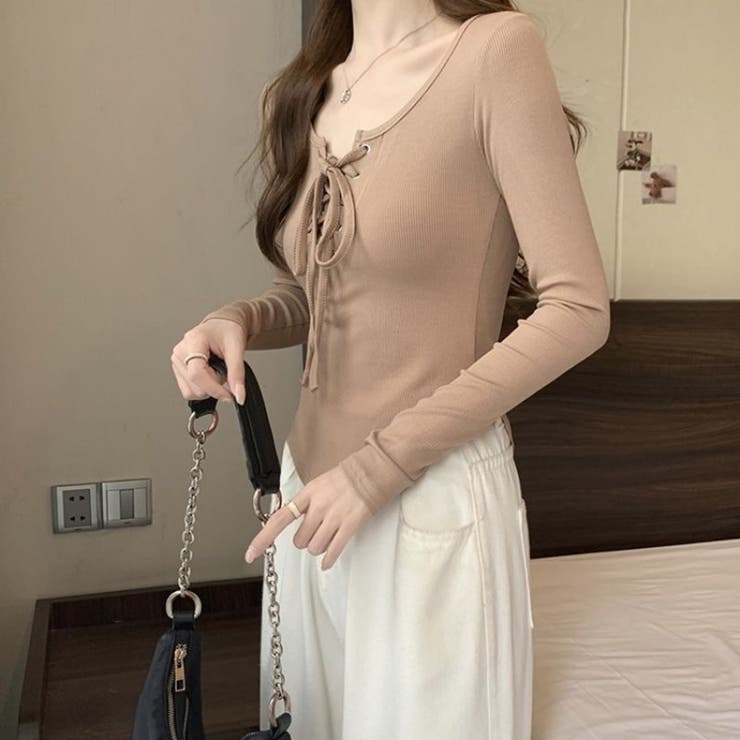 胸元レースアップ 長袖リブカットソー タイトトップス | Beststore | 詳細画像22 
