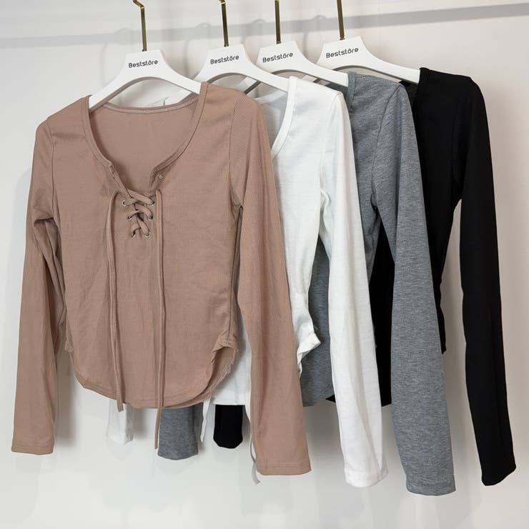 胸元レースアップ 長袖リブカットソー タイトトップス | Beststore | 詳細画像27 