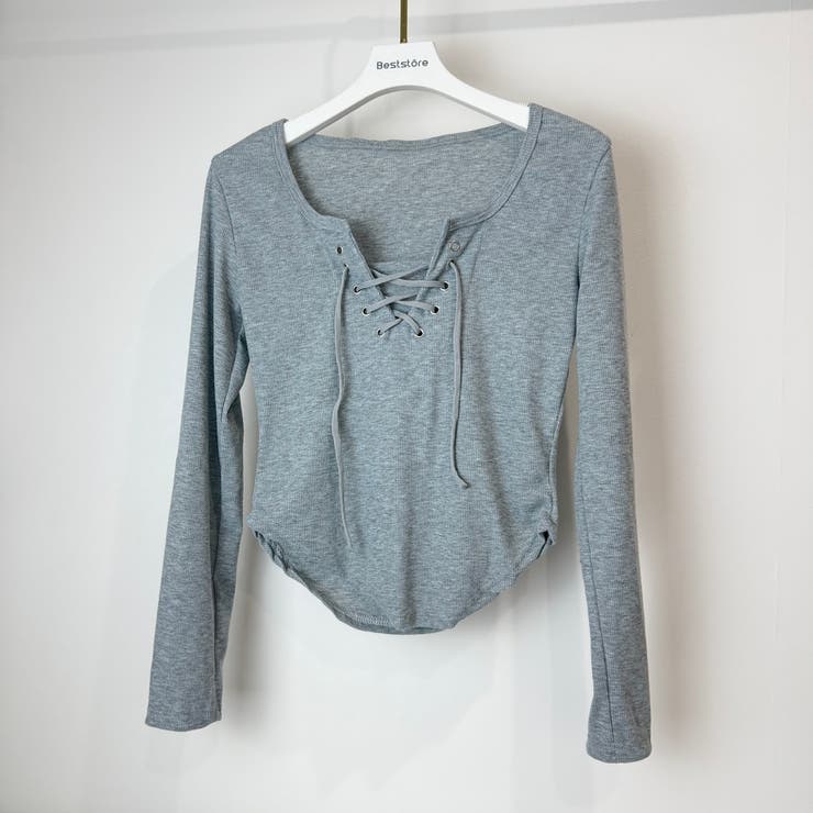 胸元レースアップ 長袖リブカットソー タイトトップス | Beststore | 詳細画像28 