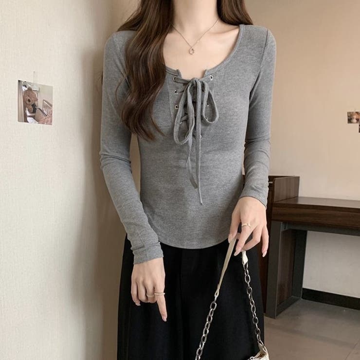 胸元レースアップ 長袖リブカットソー タイトトップス | Beststore | 詳細画像4 