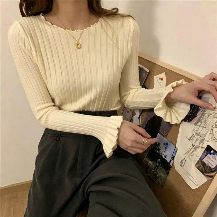アイボリー | メローフリル リブニット長袖トップス | Beststore