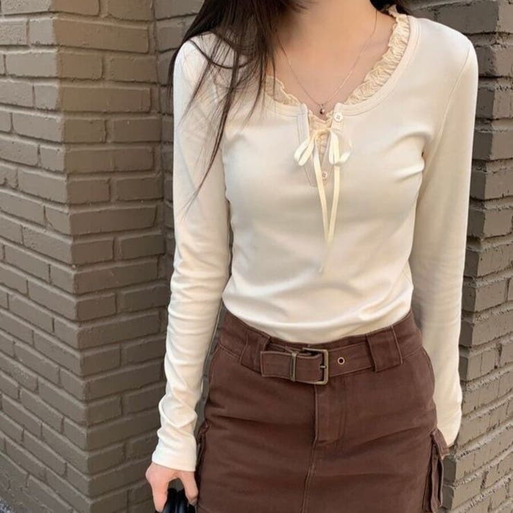 大人可愛い♪ フリル襟 リボン付き 長袖 Tシャツ カットソー 全3色 | Beststore | 詳細画像5 