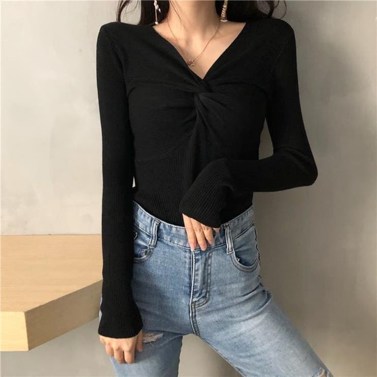 フロントツイスト Vネック リブニット トップス レディース | Beststore | 詳細画像8 