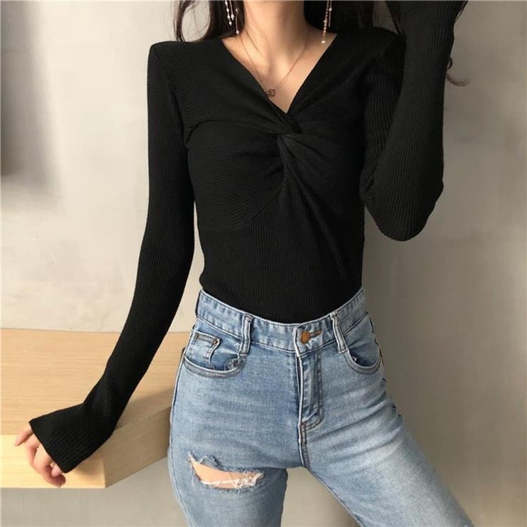 フロントツイスト Vネック リブニット トップス レディース | Beststore | 詳細画像9 