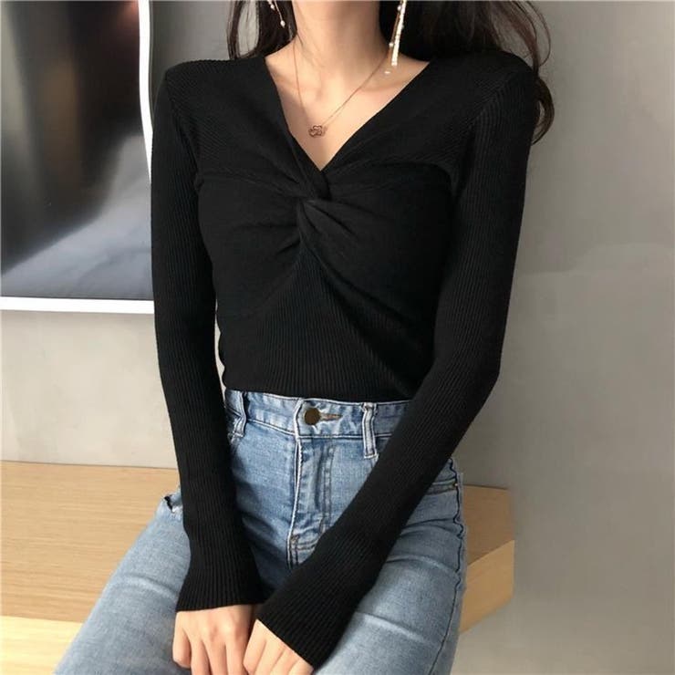 フロントツイスト Vネック リブニット トップス レディース | Beststore | 詳細画像10 