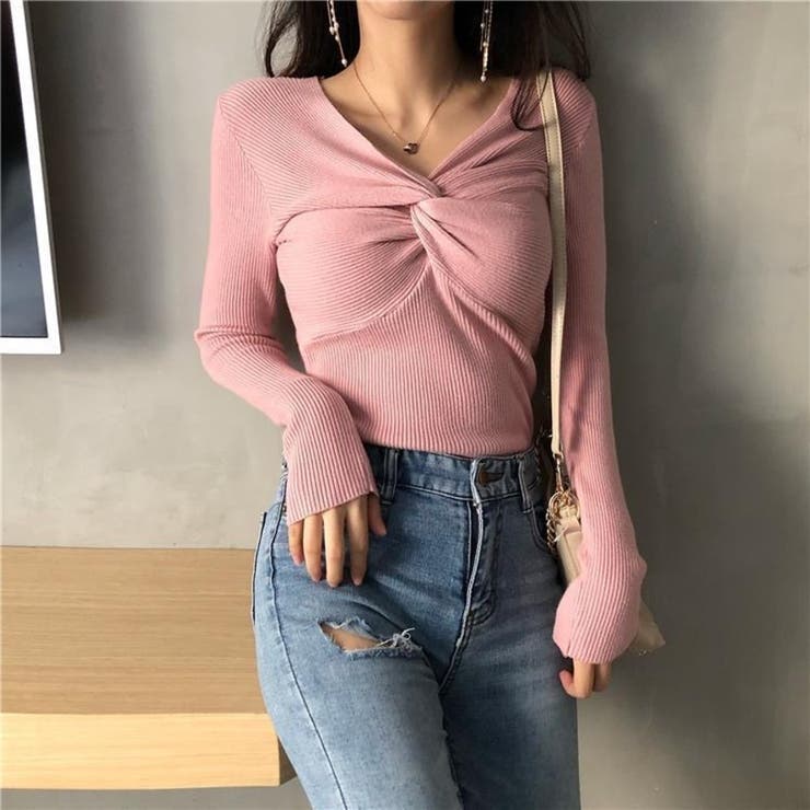 フロントツイスト Vネック リブニット トップス レディース | Beststore | 詳細画像13 