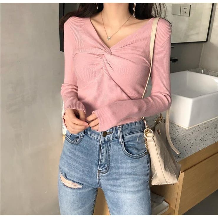フロントツイスト Vネック リブニット トップス レディース | Beststore | 詳細画像14 