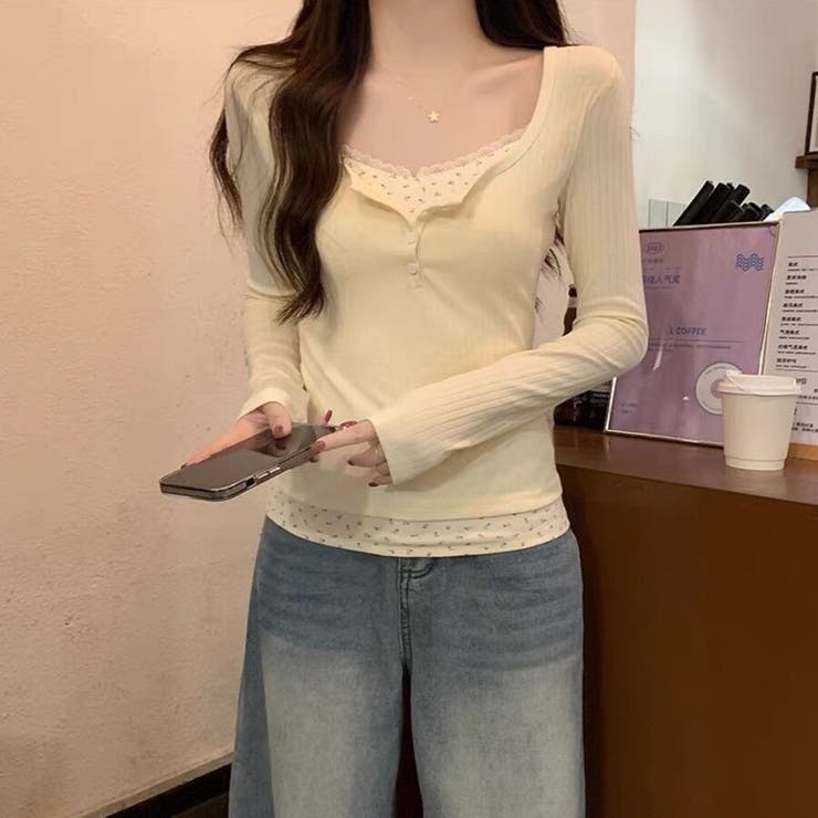 レースフリル＆小花柄 レイヤード風リブカットソー ヘンリーネック | Beststore | 詳細画像10 