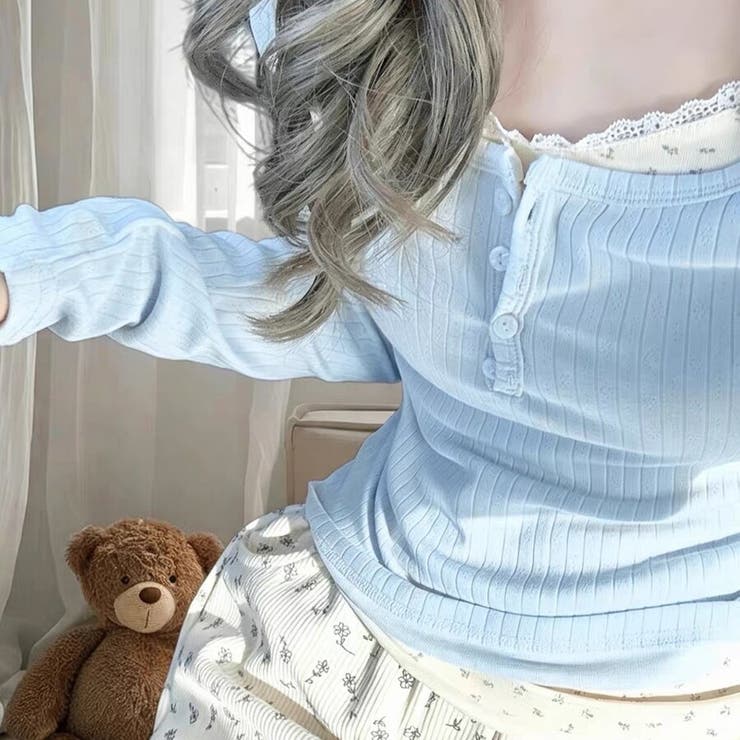 レースフリル＆小花柄 レイヤード風リブカットソー ヘンリーネック | Beststore | 詳細画像18 
