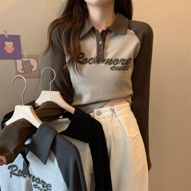 「全3色」バイカラーロゴ入りロングスリーブポロシャツ レトロ 韓国ファッション | Beststore | 詳細画像1 