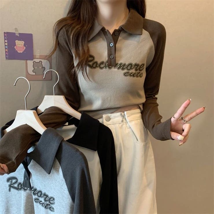 「全3色」バイカラーロゴ入りロングスリーブポロシャツ レトロ 韓国ファッション | Beststore | 詳細画像13 