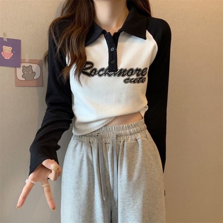 「全3色」バイカラーロゴ入りロングスリーブポロシャツ レトロ 韓国ファッション | Beststore | 詳細画像5 