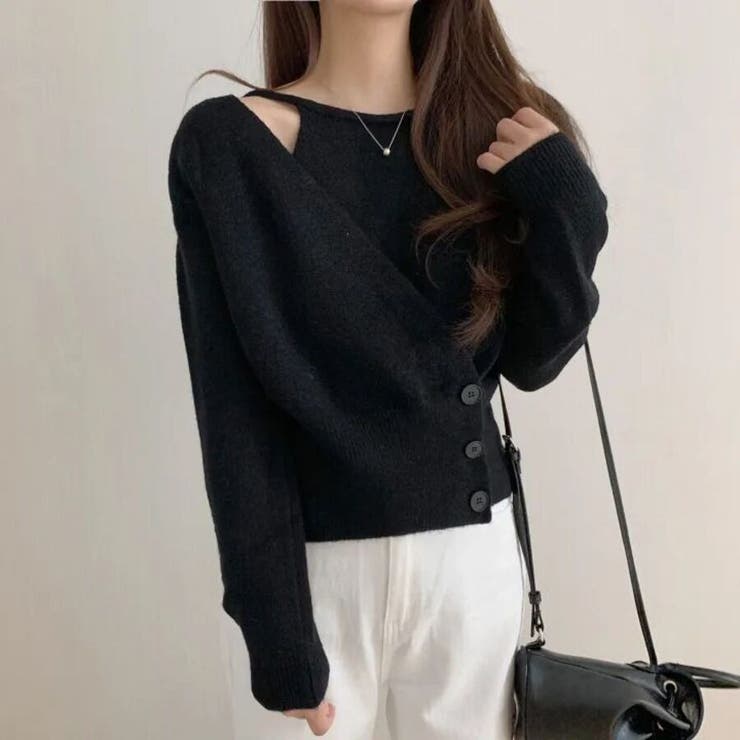 ブラック | アシンメトリーボタンラップニットトップス | Beststore
