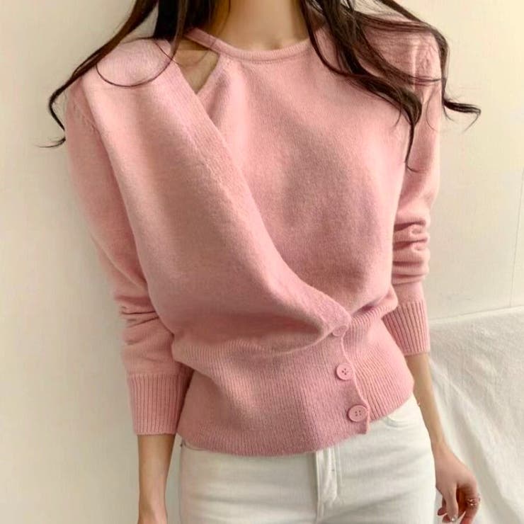ピンク | アシンメトリーボタンラップニットトップス | Beststore